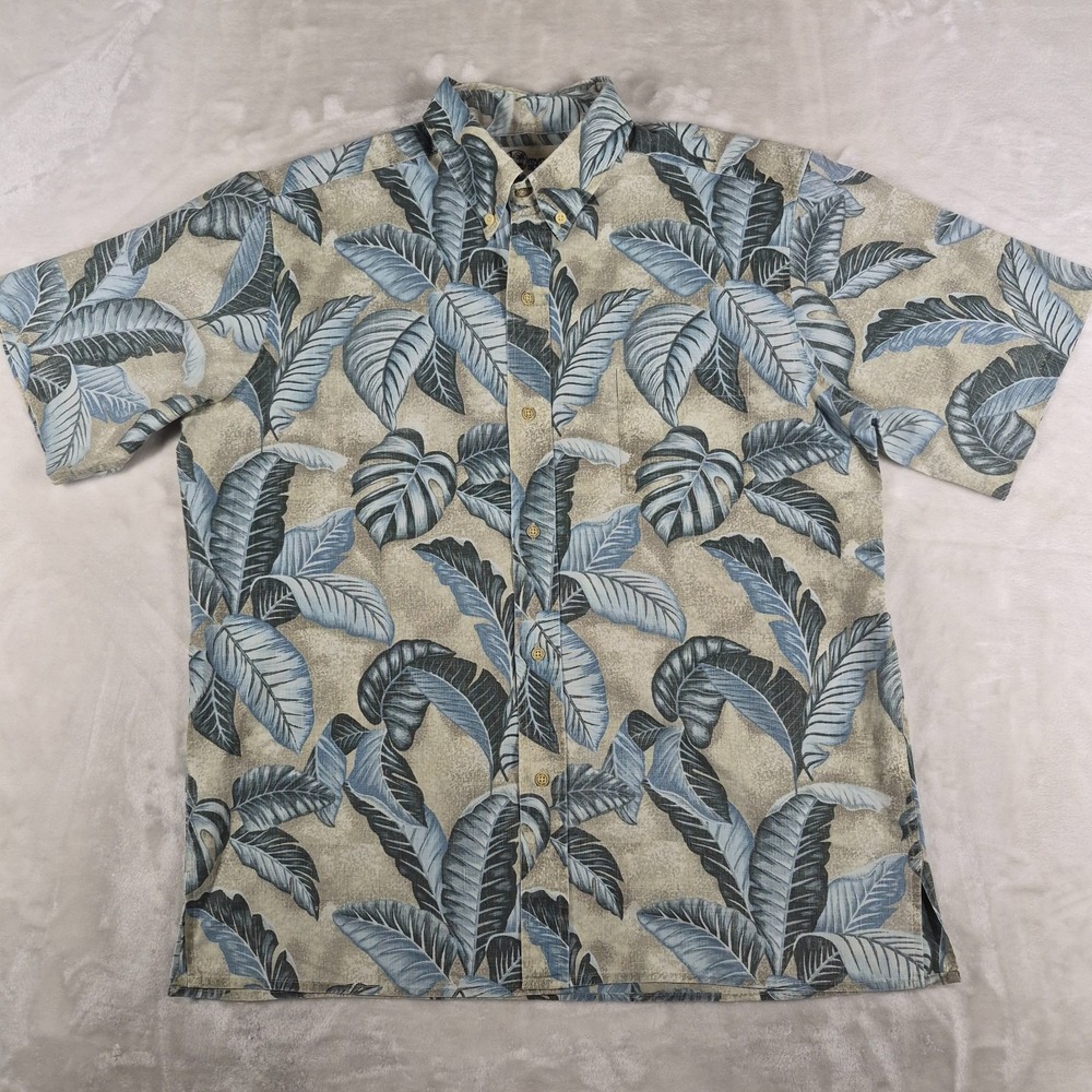 Reyn Spooner Button Down Shirt Men's Large Beige Leaf Hawaiian Aloha Comfort
